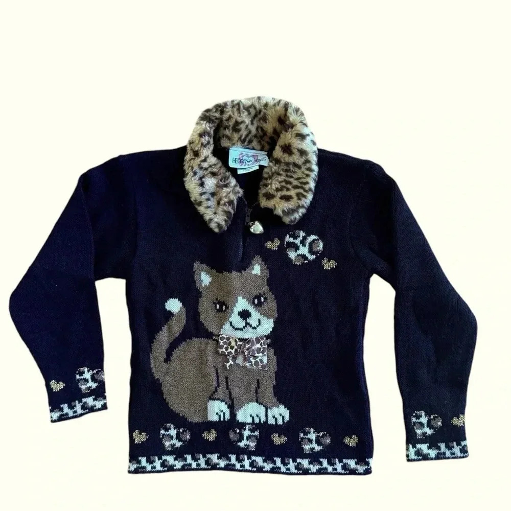 Vintage HEARTWORKS Sweater Cat Long Sleeve Faux Fur Collar Animal Print Black 5
